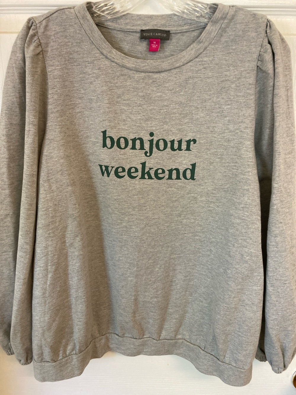 Vince Camuto Gray Sweatshirt with Green 'bonjour weekend' Print
